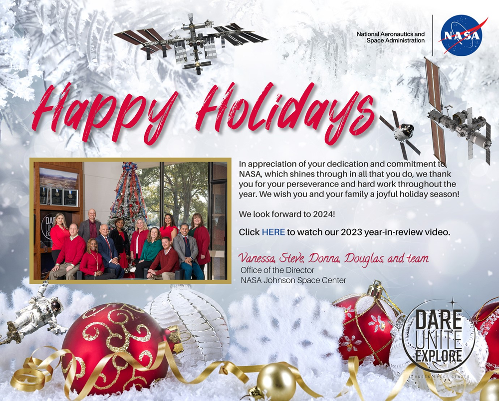 Image of a holiday card with snow-covered trees, the International Space Station, Christmas ornaments, and a picture of a group of people dressed in holiday colors.